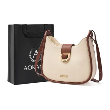 AOKANG Cow Leather Saddle Bag, Shoulder Bag, Commute Bag, Single Shoulder Bag Women's Ecru & Coffee/Ecru & Black