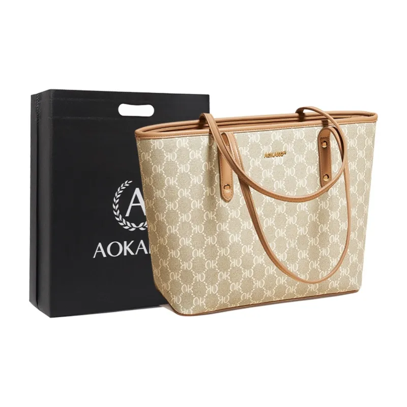 AOKANG PVC Tote Shoulder Bag, Mom Bag, Commute Bag, Shoulder Bag, Handbag Large Size Women's Coffee Brown/Cream Apricot-6