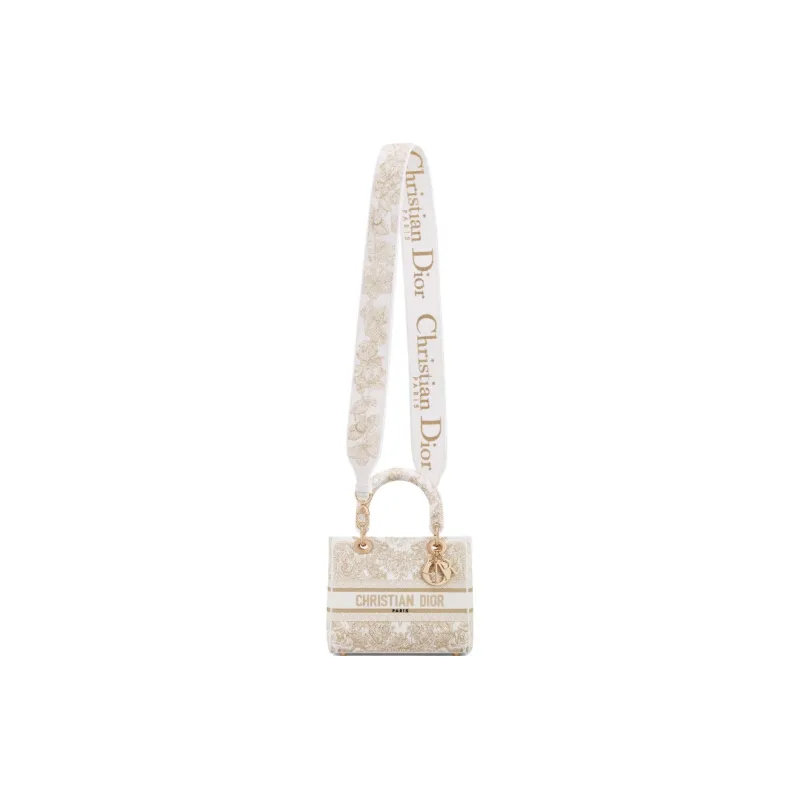 DIOR Lady D Lite Embroidery Dior Bag Shoulder Bag Crossbody Bag Handbag Medium Size Women's Gold & White-4