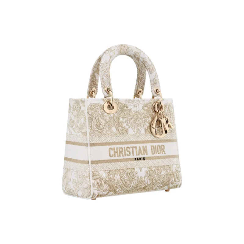 DIOR Lady D Lite Embroidery Dior Bag Shoulder Bag Crossbody Bag Handbag Medium Size Women's Gold & White-1
