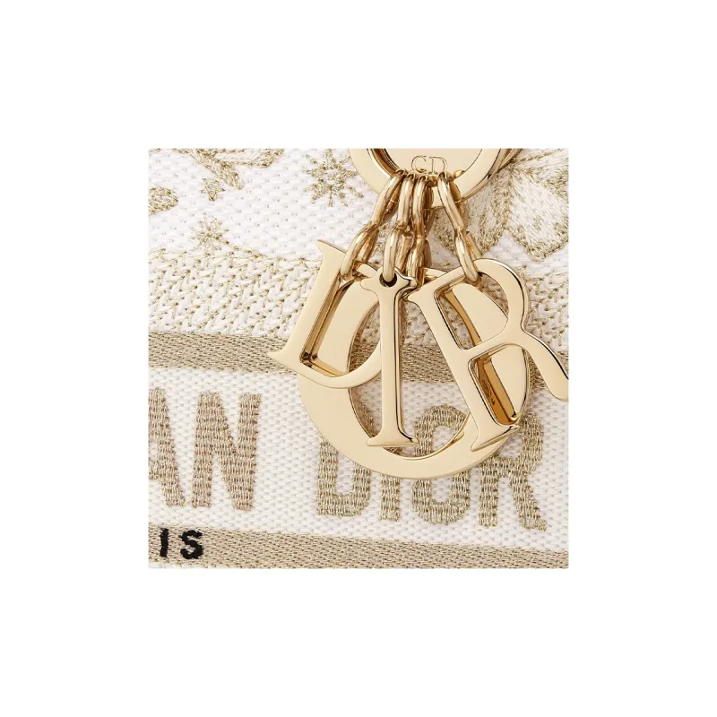 DIOR Lady D-Lite Embroidery Dior Bag Shoulder Bag Crossbody Bag Handbag Mini Women's Gold & White-4
