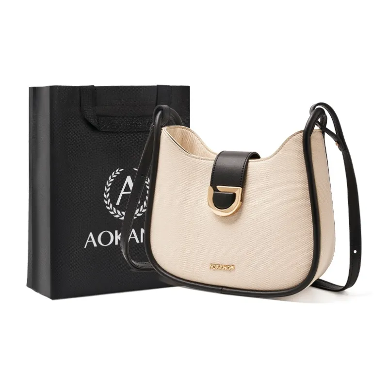 AOKANG Cow Leather Saddle Bag, Shoulder Bag, Commute Bag, Single Shoulder Bag Women's Ecru & Coffee/Ecru & Black-4