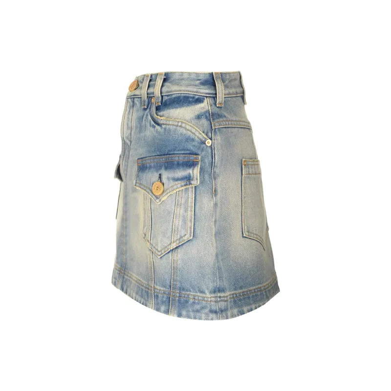BALMAIN Western High Waist A Line Denim Mini Skirt-2