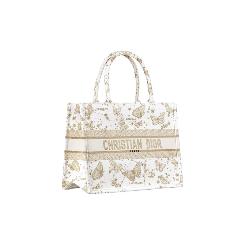 DIOR BookTote Embroidery Tote Bag Shopping Bag Handbag Medium Size Women's Gold & White-1
