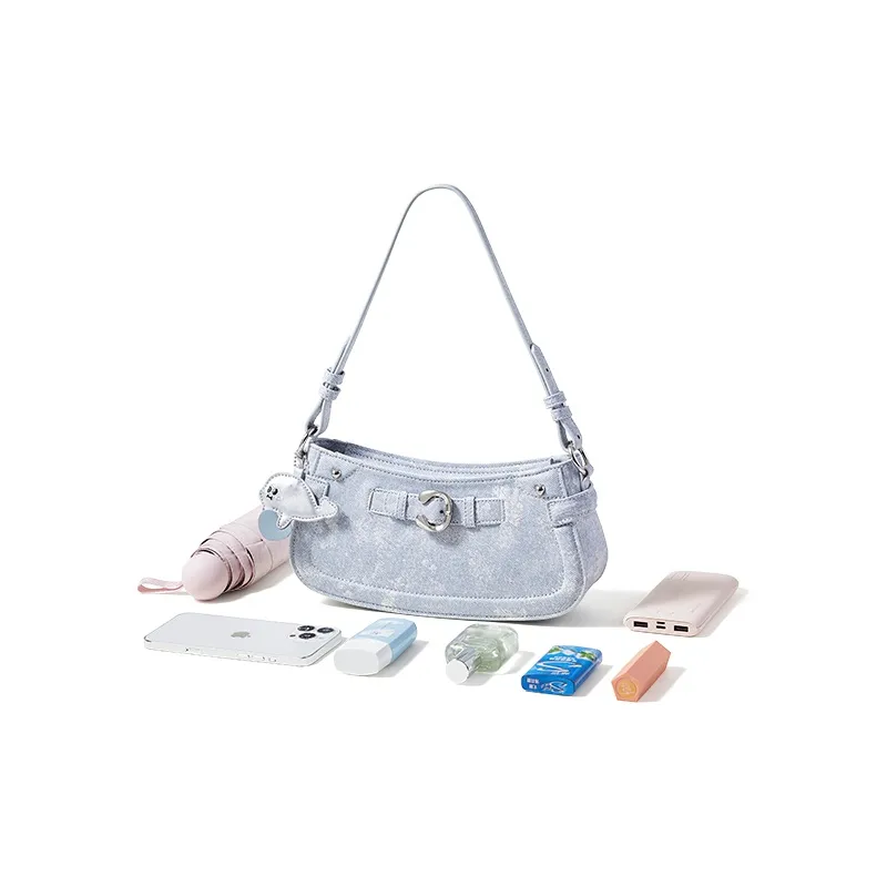 Sound For Life Denim Shoulder Bag, Baguette Bag, Crossbody Bag, Shoulder Bag Women's Blue, White-3