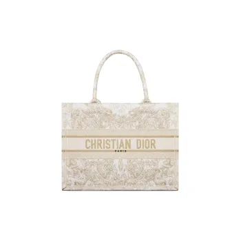 DIOR Embroidery Tote Bag, Shopping Bag, Handbag Medium Size Women's Gold & White