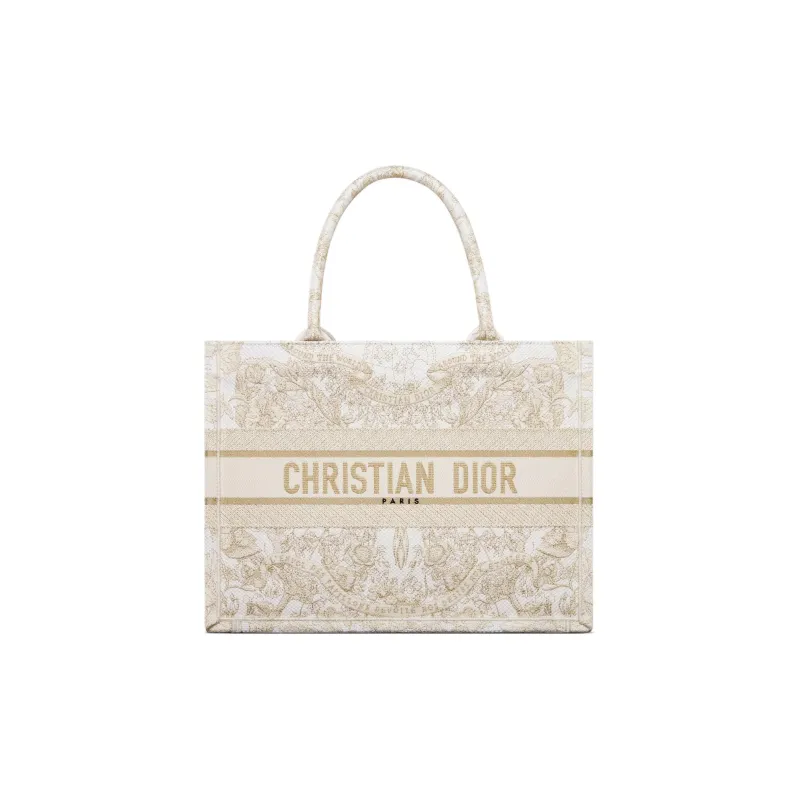 DIOR Embroidery Tote Bag, Shopping Bag, Handbag Medium Size Women's Gold & White-0