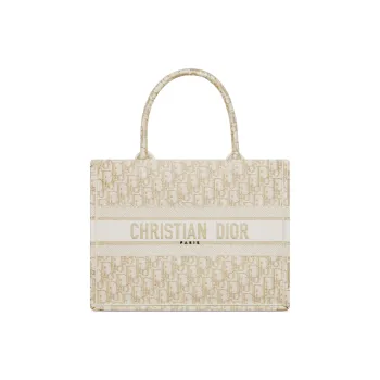 DIOR BookTote Embroidery Tote Bag, Shopping Bag, Handbag Medium Size Women's White & Gold