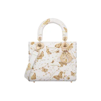 DIOR Lady D-Lite Cow Leather Dior Bag Shoulder Bag Crossbody Bag Handbag Small Size Women's White & Gold