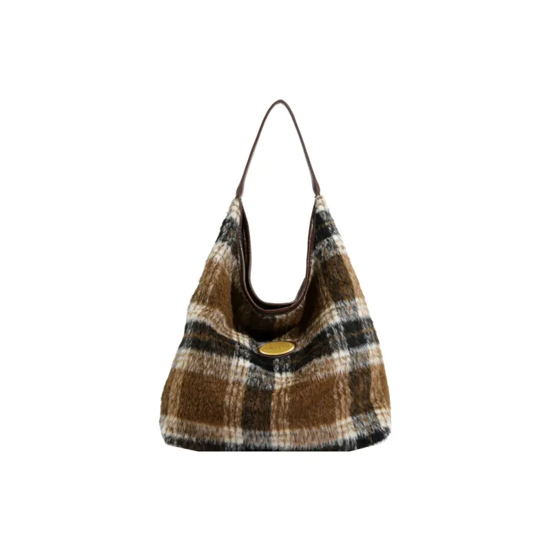 NOMK PU Tote Bag, Shopping Bag, Shoulder Bag Women's Caramel/Gray Plaid/Brown Plaid/Blue Plaid-4