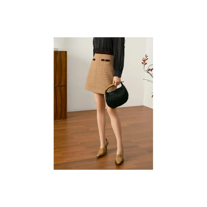 JZ. ANNAKRO Casual Short Skirts Women's Plaid Brown Yellow-3