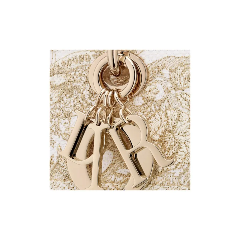 DIOR Lady D Lite Embroidery Dior Bag Shoulder Bag Crossbody Bag Handbag Medium Size Women's Gold & White-5