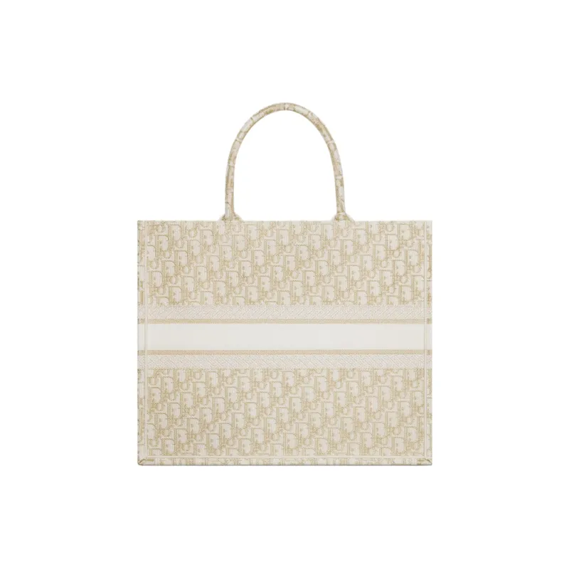 DIOR BookTote Embroidery Tote Bag Shopping Bag Handbag Large Size Women's White & Gold-2