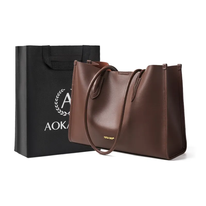 AOKANG Cow Leather Tote Bag, Schooling Bag, Commute Bag, Shoulder Bag Women's Gold Brown/Chestnut Brown/Classic Black-0