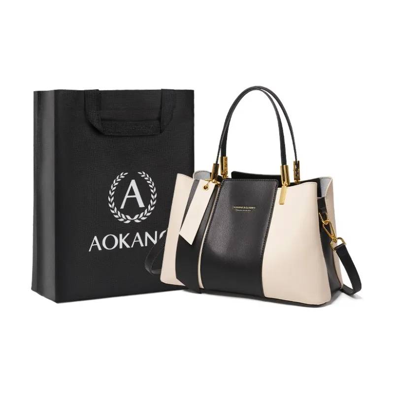 AOKANG Cow Leather Mom Bag, Tote, One Shoulder Handbag Medium Size Women's Light Coffee/Classic Black/Beige Apricot-5