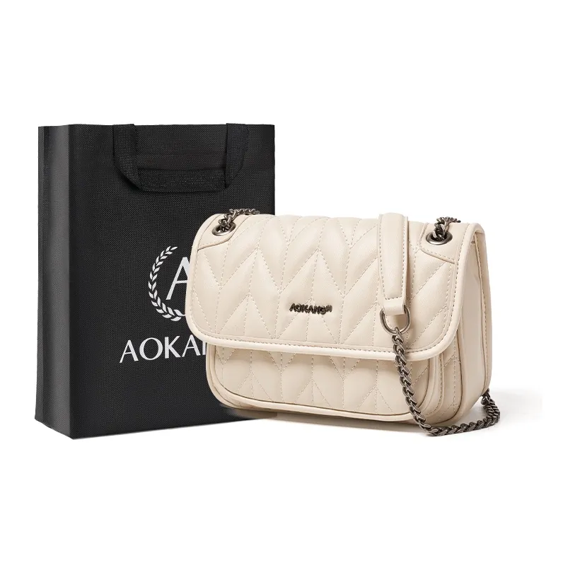AOKANG Cow Leather Shoulder Bag With Diamond Pattern Chain, Crossbody Bag Regular Women's Classic Black/Milkshake White-6