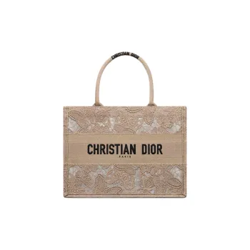 DIOR BookTote Embroidery Tote Bag Shopping Bag Handbag Medium Size Women's Greige