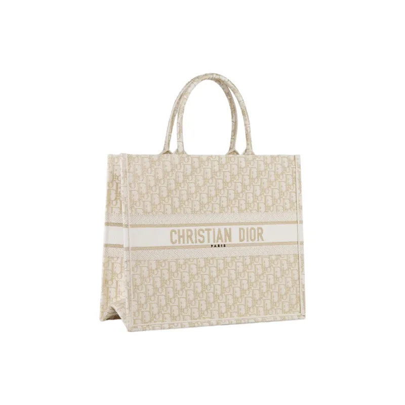 DIOR BookTote Embroidery Tote Bag Shopping Bag Handbag Large Size Women's White & Gold-1