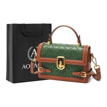 AOKANG Cow Leather Small Square Bag, Shoulder Bag, Crossbody Bag, Handbag Small Size Women's Agate Green/Gold Brown
