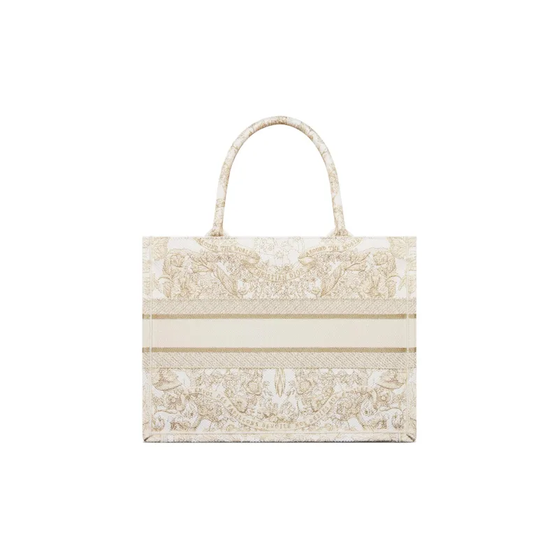 DIOR Embroidery Tote Bag, Shopping Bag, Handbag Medium Size Women's Gold & White-2