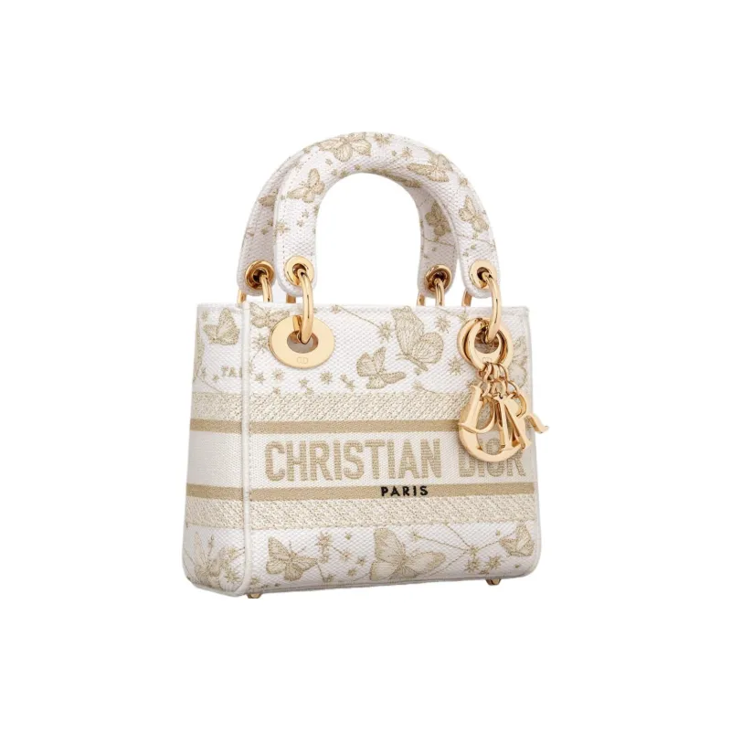 DIOR Lady D-Lite Embroidery Dior Bag Shoulder Bag Crossbody Bag Handbag Mini Women's Gold & White-1
