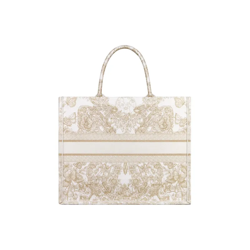 DIOR BookTote Embroidery Tote Bag, Shopping Bag, Handbag Tubas Women's Gold & White-2