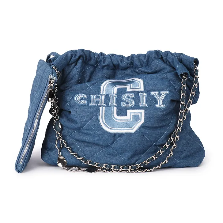 CHISIY Fabric Hobo Tote Bag With Diamond Pattern Denim Bag And Shoulder Bag Women's Dark Blue-0