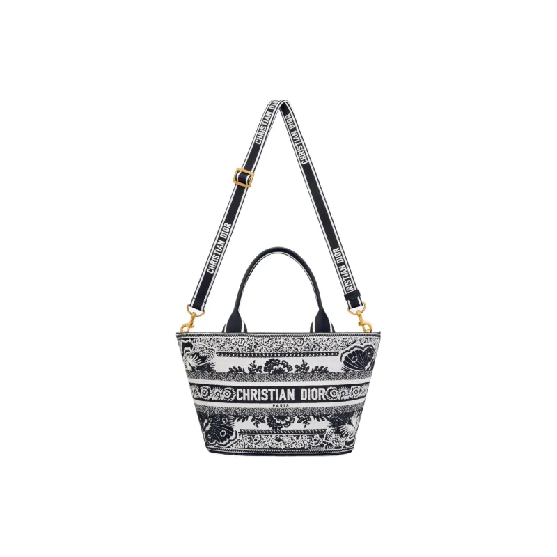 DIOR Butterfly Embroidery Tote Bag, Shopping Bag, Shoulder Bag, Crossbody Bag, Handbag Women's Black & White-2