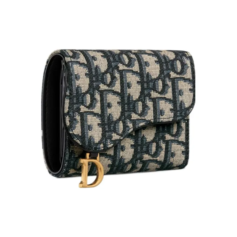 DIOR Saddle Oblique Jacquard Fabric Saddle Wallet Women's Black & Beige-1