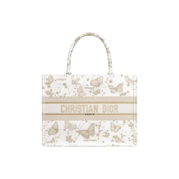 DIOR BookTote Embroidery Tote Bag Shopping Bag Handbag Medium Size Women's Gold & White