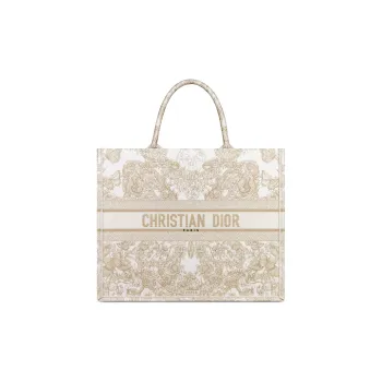 DIOR BookTote Embroidery Tote Bag, Shopping Bag, Handbag Tubas Women's Gold & White