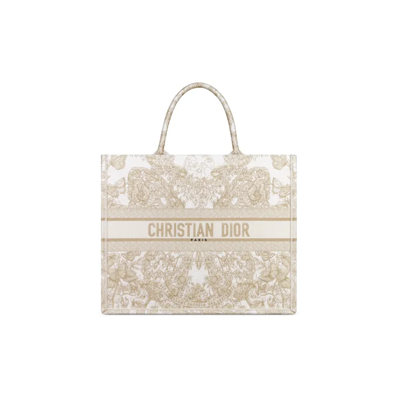 DIOR BookTote Embroidery Tote Bag, Shopping Bag, Handbag Tubas Women's Gold & White-0