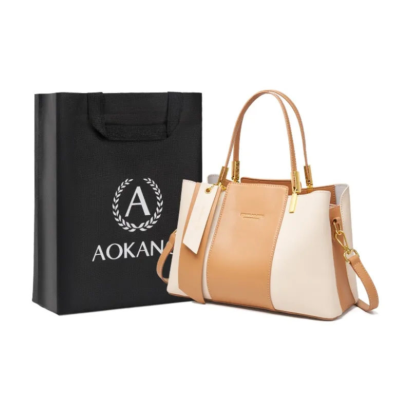 AOKANG Cow Leather Mom Bag, Tote, One Shoulder Handbag Medium Size Women's Light Coffee/Classic Black/Beige Apricot-10