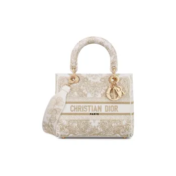 DIOR Lady D Lite Embroidery Dior Bag Shoulder Bag Crossbody Bag Handbag Medium Size Women's Gold & White