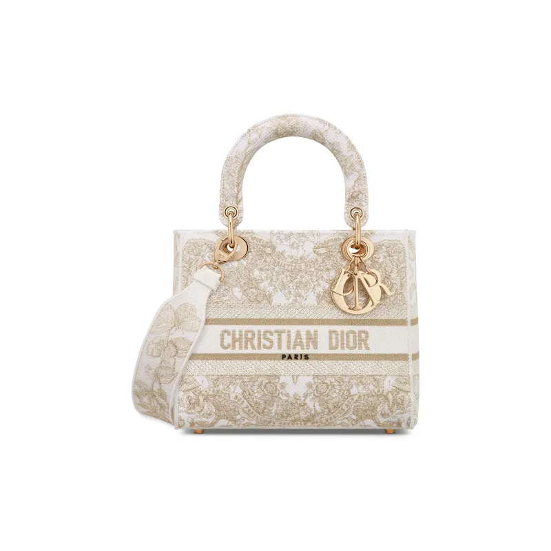 DIOR Lady D Lite Embroidery Dior Bag Shoulder Bag Crossbody Bag Handbag Medium Size Women's Gold & White-0