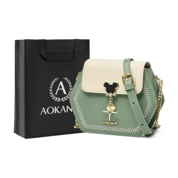 AOKANG Cow Leather Hexagonal Bag, Commute Bag, Shoulder Bag, Crossbody Bag Small Size Women's Cardamom Green/Black