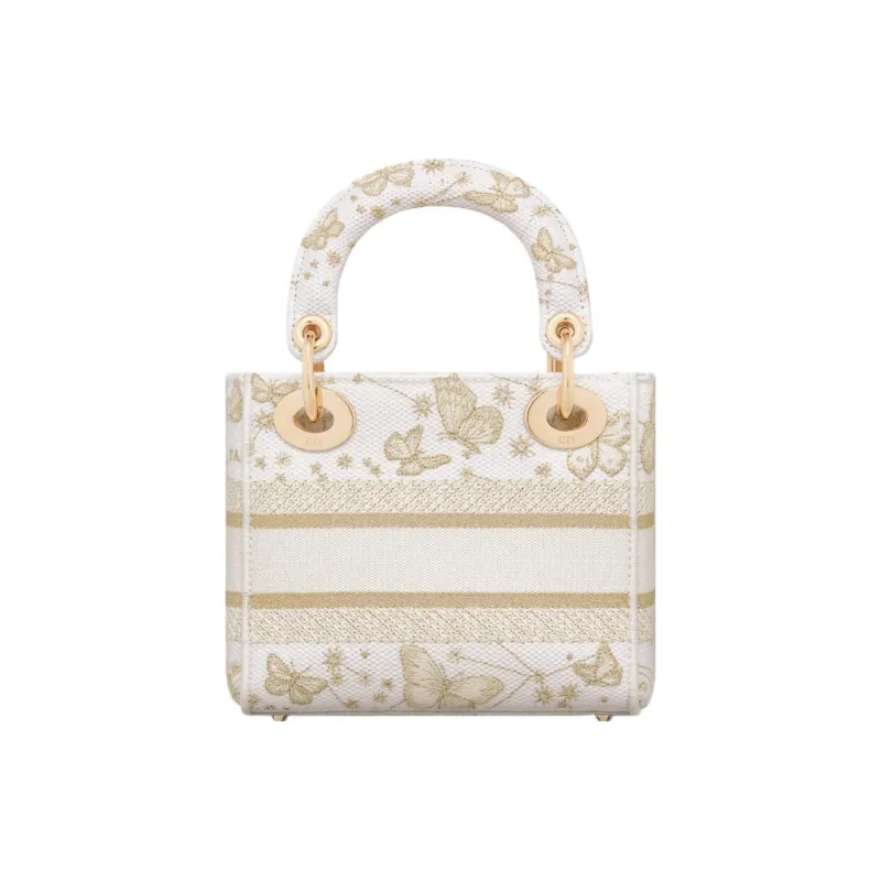DIOR Lady D-Lite Embroidery Dior Bag Shoulder Bag Crossbody Bag Handbag Mini Women's Gold & White-2