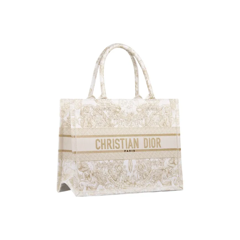 DIOR Embroidery Tote Bag, Shopping Bag, Handbag Medium Size Women's Gold & White-1