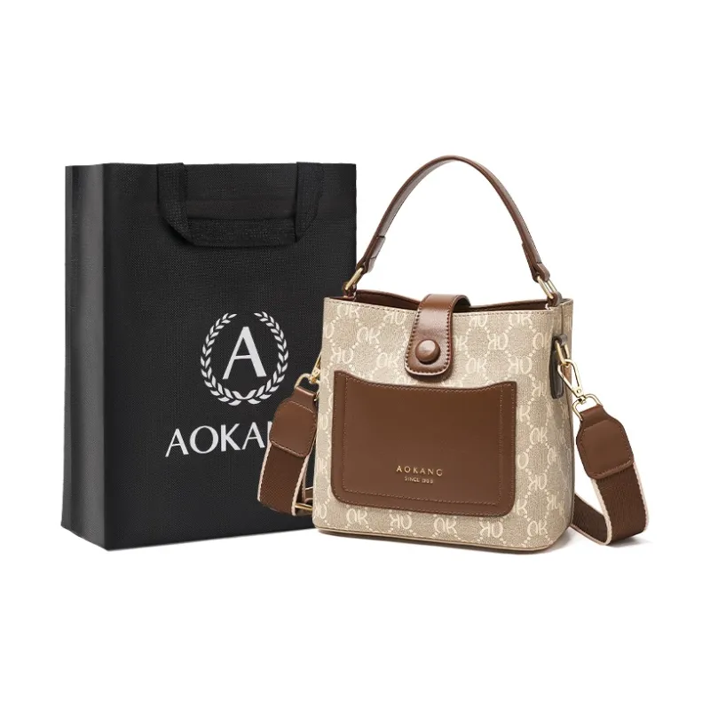 AOKANG PVC Bucket Bag, Handbag, Shoulder Bag, Crossbody Bag Regular Women's Cream Apricot/Coffee Brown-5