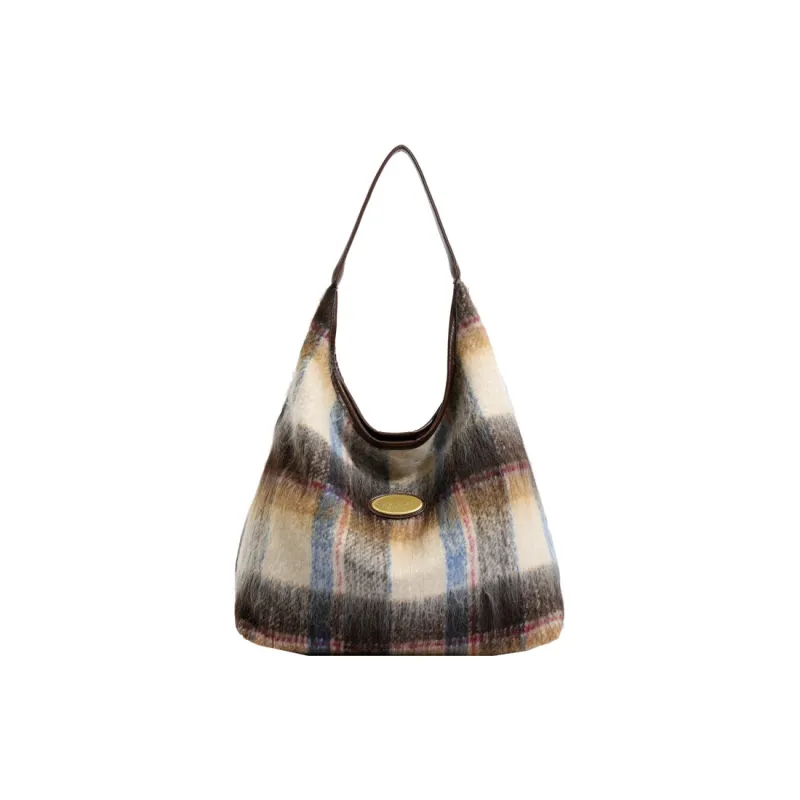 NOMK PU Tote Bag, Shopping Bag, Shoulder Bag Women's Caramel/Gray Plaid/Brown Plaid/Blue Plaid-8