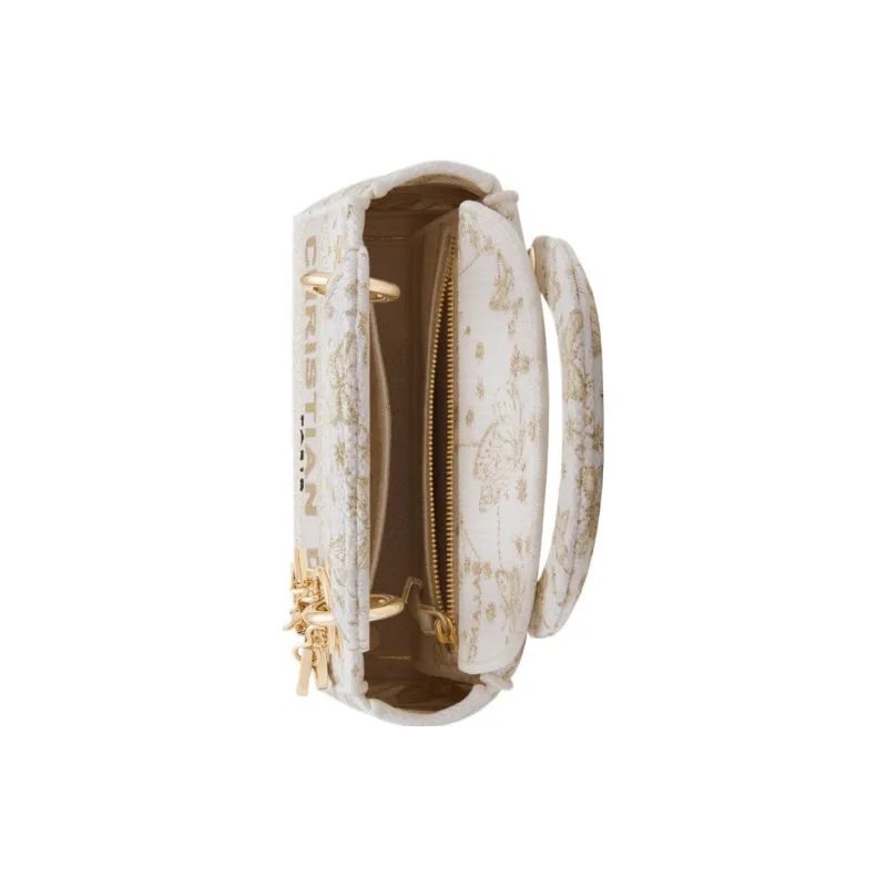 DIOR Lady D-Lite Embroidery Dior Bag Shoulder Bag Crossbody Bag Handbag Mini Women's Gold & White-3