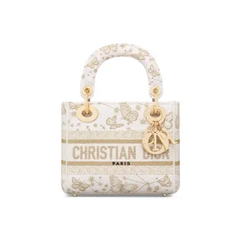 DIOR Lady D-Lite Embroidery Dior Bag Shoulder Bag Crossbody Bag Handbag Mini Women's Gold & White