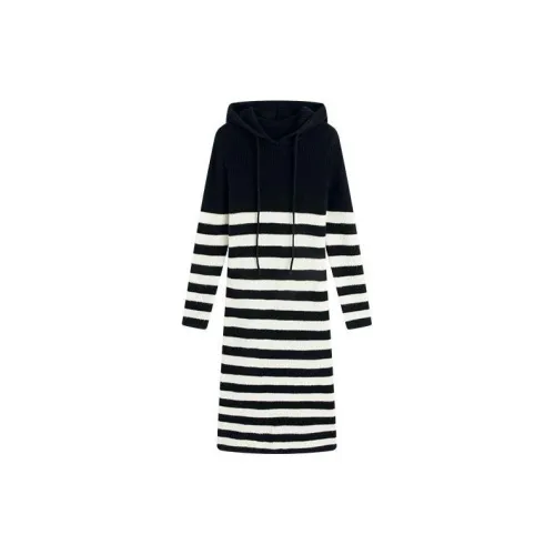 Famanxuan Long-Sleeved Dresses Women's Classic Black With White Stripes