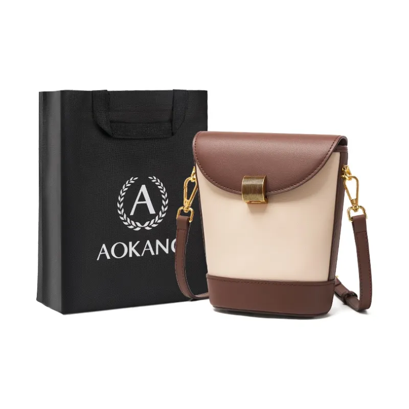 AOKANG Genuine Leather Bucket Bag, Shoulder Bag, Crossbody Bag Small Size Women's Coffee/Cream Apricot-0