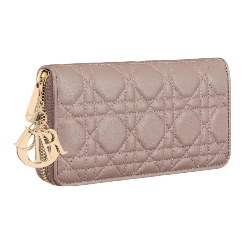 DIOR Lady Dior Lambskin Card Holders Clutches Wallets Women's Taupe-1