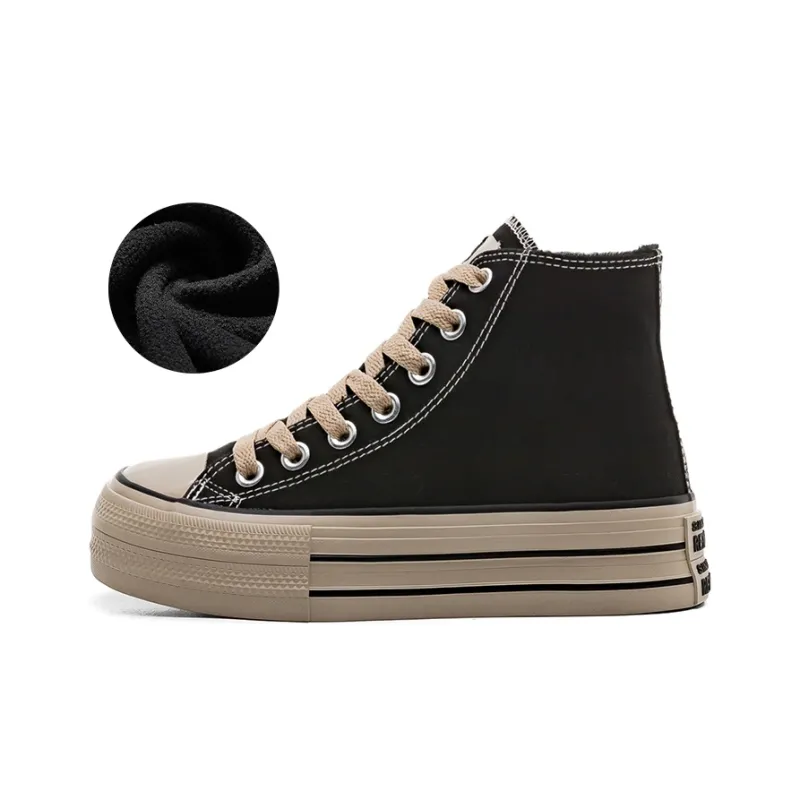 RENBEN Anti Slip And Wear Resistant Warm Height Increasing High Top Canvas Shoes Women's Black Brown-0