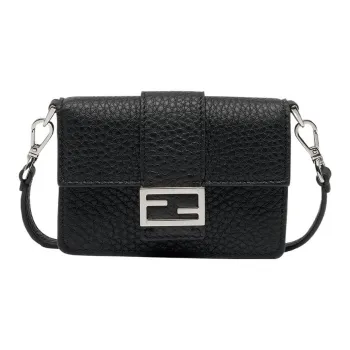 FENDI Baguette Calfskin Baguette Bag Clutch Necklace Pouch Shoulder Bag Men's Black