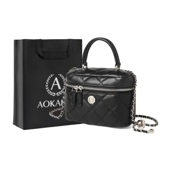 AOKANG Cow Leather Chain Bag, Crossbody Handbag Small Size Women's Classic Black/Starlight Silver