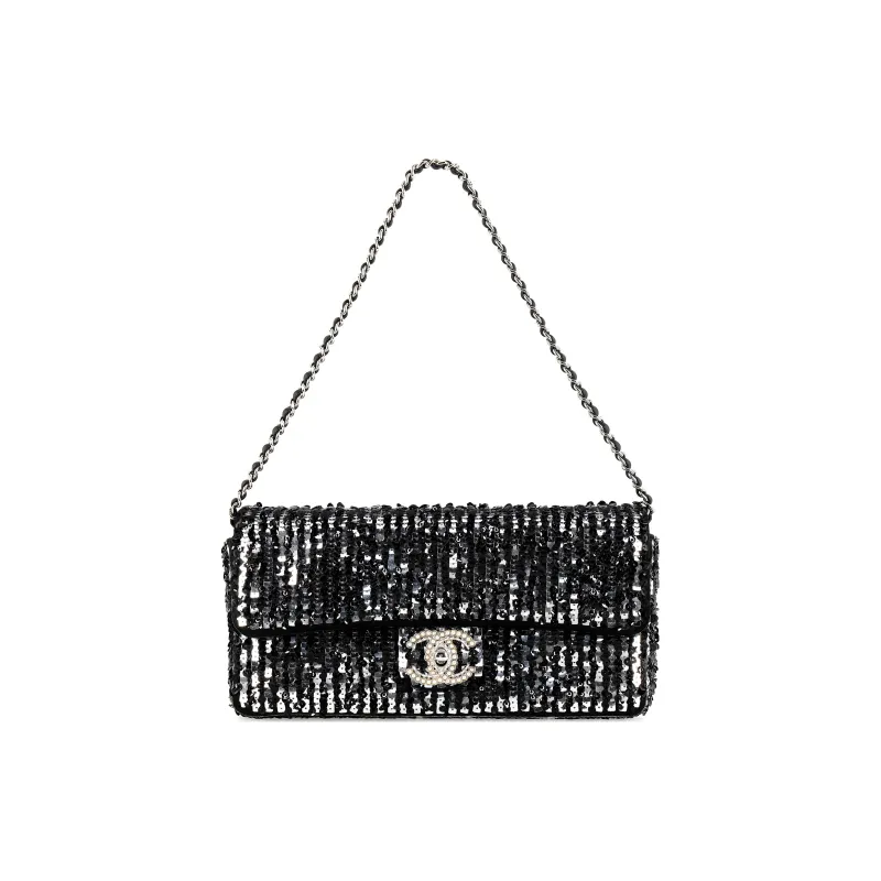 CHANEL 23P SS Rhinestone Sequins Evening Bag, Cell Phone Pouch, Clutch, Shoulder Bag, Crossbody Bag Women's Black-0