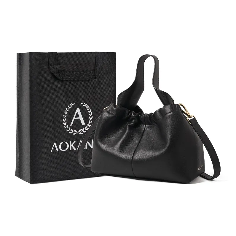 AOKANG Cow Leather Bucket Bag, Crossbody Handbag Small Size Women's Cream Apricot/Classic Black-4